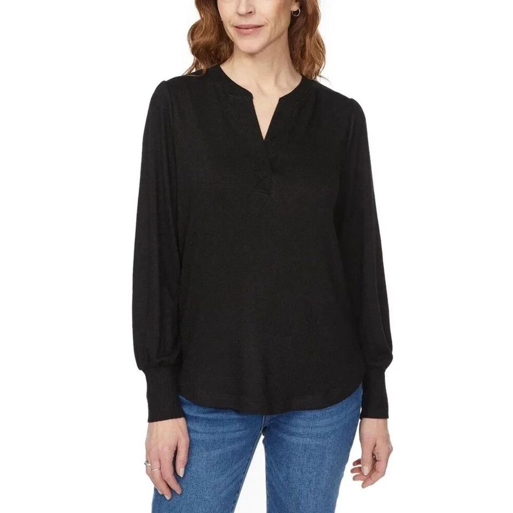 Buffalo David Bitton Cozy V-Neck Top Black Women's M Relaxed Long Sleeve Soft